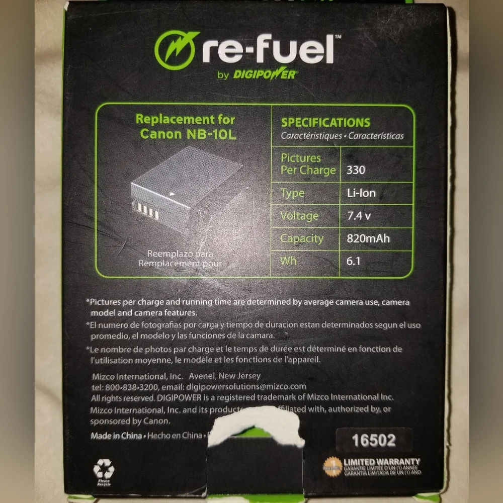 Digipower -Re-Fuel Rechargeable Lithium-Ion Replacement Battery for Canon NB-10L
